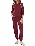 Terecey Damen Jogginganzug Rundhalsausschnitt Zweiteiler Elegant Langarm Trainingsanzug Hausanzug Sport Set Lounge Pullover und Jogginghosen Herbst Winter Yoga Outfit Weinrot M