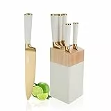 Justup Messerset, Weiß 6-tlg Edelstahl Messer Set mit Block und Integriertem Messerschärfer, Ultra Scharf Messer Block Set mit Bequemen Griff, Professionelles Küchenmesser Set für Kochmesser (Weiß)