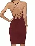 Missufe Damen Sommerkleid Freizeit U-Ausschnitt Spaghettiträger Rückenfrei Schnürung Figurbetontes Kurzes Kleider (Burgunderrot, Groß)