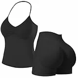 Nahtlose Gym Sets für Frauen, 2 Stück Hanteltop, Sport-BH, versteckte Scrunchshorts, Yoga-Outfits, Activewear Trainingsanzug, blacks, M