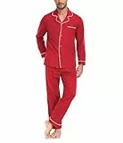 COLORFULLEAF Herren Schlafanzug Lang 100% Baumwolle Zweiteiliger Männer Pyjama Herren Schlafanzug mit Knopfleiste und Taschen S-XL(Kirsche,XL)