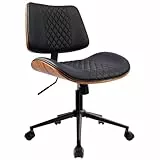 Durrafy Bürostuhl, Ergonomisch Schreibtischstuhl, 360° Drehstuhl Ohne Armlehnen, PU Leder Lesesessel mit Lendenwirbelstütze, Walnussholzstuhl Höhenverstellung, Wippfunktion 90°-125°, 130 kg Belastbar