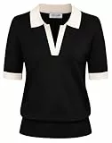 Kate Kasin Pullover Damen Kurzarm Sommer Elegant Polo Sweater Basic Oberteile Leicht V-Ausschnitt Strick Tops Schwarzweiß L
