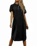 Imily Bela Dame Tshirt Kleid Sommer Shirtkleid Baumwolle Kurzarm Rundhals Minikleider Freizeitkleid mit Taschen.Schwarz.L