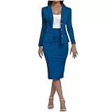 KOG Blazer Damen Elegant 2-Teiliges Outfit Rock Anzug Set Frauen Dünne Festlich Blazer Bleistiftrock Anzug Set Casual Outfits für Arbeit Business Kostüm Hosenanzüge Hosenanzug Blau L