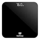Healthkeep Personenwaage Digital mit LED-Display, Körperwaage mit Hochpräzisions-Sensoren, Präzise Digitale Waage Personen aus Sicherheitsglas bis 180kg, Schwarzes Glas Große runde Ecke 26 * 26cm