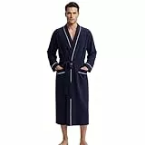 U2SKIIN Herren Bademantel 100% Baumwolle Leicht lang Bademantel Kimono Kragen Weich Hautfreundlich Spa Robe (Marineblau, 2XL/3XL)