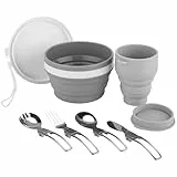 Faltbare Mess Kit, ISFORU Portable zusammenklappbar Camping Cup Schüssel mit Besteck Set, Mikrowellengeeignet Lebensmittelqualität Silikon für Reisen Outdoor Wandern und Picknick (Grau)