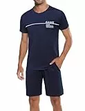 Marvmys Herren Schlafanzug Kurz Sommer Pyjama Baumwolle Rundhals Zweiteilige Pyjamas mit Kurzarm T-Shirt Pyjamahose für Männer S-3XL