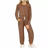 XINYUNZU Mädchen Sportanzug Langarmshirt mit Rüschenärmel + Jogginghose Set Kuschelanzug 2 Teiler Casual Outfit Hausanzug Kinder Kleidung Bekleidungssets Lässige Klamotten Braun
