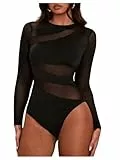 GORGLITTER Damen Body Elegant Bodysuit mit Durchsichtig Netz Oberteil Langarm Bodys Netzshirt Herbst Festival Outfit Schwarz L
