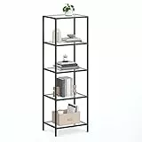 VASAGLE Regal mit 5 Ablagen, Badregal, gehärtetes Glas, einfache Montage, für Badezimmer, Wohnzimmer, Küche, Büro, transparent-tintenschwarz LGT029B61