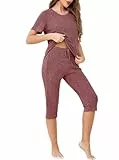 Wikoan Schlafanzug Damen 3/4 Rippen Pyjama Kurzarm und Capri Hose Shorty Nachtwäsche Sommer Lounge Set Stillpyjama Damen Burgunderrot XL