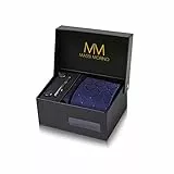 Massi Morino Krawatte Dunkelblau Quadrat mit Einstecktuch Set Herren inkl. Manschettenknöpfe, Krawattennadel und Geschenkbox I Männer Krawatten-Set zur Hochzeit