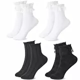 Firtink 4 Paar Rüschen Socken für Damen Mädchen, Baumwolle Socken mit Rüschen 35-39, Weiße Schwarz Spitzensocken Atmungsaktive Gestrickt Knöchelsocken Rüschensocken