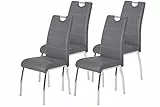 Hela Tische, 4er Set Esszimmerstuhl Susi, Bezug Kunstleder Grau, Griffmulde, Metallgestell Chrom, 43 x 61 x 98 cm