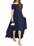 Haloumoning Mädchen Kleider Schulterfrei Sommer Festlich Kleid Kinder Einfarbig Partykleid Elegant Blumenmädchenkleid Geburtstag Trägerkleid, Dunkelblau, 10-12 Jahre
