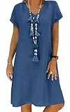 Tincini Sommerkleid Damen Leinen Kleider Casual V-Ausschnitt Midikleid Kurzarm A-Linie Kleid Strandkleid Ohne Zubehör (A Blau, L)