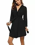 Ekouaer Damen Morgenmantel Kurz aus Baumwolle Dünn 3/4 Ärmel Bademantel Kimono Saunamantel Robe Negligee Mit V-Ausschnitt Sommer Schwarz M
