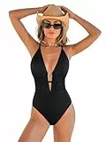 CUPSHE Damen Badeanzug Tiefer V Ausschnitt Strappy Tiefer Rückenausschnitt Schnürung Texturierte Einteilige Bademode Swimsuit Schwarz M