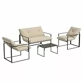 Outsunny Gartenmöbel Set 4 Personen Stahl wetterfest Balkonmöbel-Set mit 2er Sofa, Sessel Glastisch Sitzkissen Outdoor Sitzgruppe Terrassenmöbel Gartengarnitur für Garten Terrasse Balkon Grau+Beige