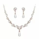Deyanse Brautschmuck Set, Hochzeit Schmucksets für Damen, Luxus Braut Schmuck Set mit Strass & Künstliche Perle Halskette und Ohrhänger, Allergenfrei Rosegold Hochzeitsschmuck für Braut Brautjungfern
