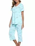 ENJOYNIGHT Schlafanzug Damen Kurz Pyjama Set Kurzarm Top mit 3/4 Lang Schlafhose Zweiteiliger Nachtwäsche S-3XL (Large,Hellblaues Fliegen)