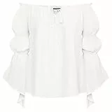 SCARLET DARKNESS Damen Viktorianische Trachtenbluse Lace Up Trompetenärmel Mittelalterliche Bluse Weiß M
