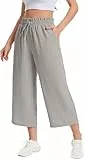 WUWUSKY Damen 3/4 Culotte Hose Leichte Sommerhose mit Taschen | Casual Lounge Hose mit Weitem Bein | Atmungsaktives Stoff Caprihose für Damen,Hellgrau,L