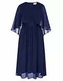 Hanna Nikole Damen Große Größe Cape-Ärmel Cocktailkleid Ärmelloses Knielang Chiffon Elegant Abendkleid Mit Reißverschluss Dunkelblau 46