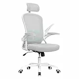 Farini Ergonomischer Stuhl Bequemer Bürostuhl mit Rollen, Höhenverstellbar Schreibtischstuhl mit Armlehne, Home Office Stuhl mit Verstellbarer Kopfstütze, Office Chair Chefsessel, Grau Weiß
