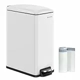 ‎SONGMICS Mülleimer Küche, 48 Liter, schmal, Abfalleimer, Tretmülleimer für enge Räume, Küchenmülleimer mit Softclose-Deckel und Inneneimer, Stahl, 15 Müllbeutel inklusive, weiß LTB510W4802