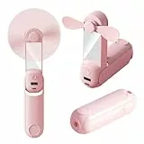 CNMTCCO Handventilator, 5 in 1 Mini Ventilator, Wiederaufladbar, USB-Ventilator, faltbar,mit Schultergurt, Powerbank, Taschenlampe, Spiegel und Handyhalterung für Büro, Außenbereich,(Rosa)