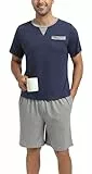Enjoyoself Schlafanzug Herren Kurz Baumwolle Pyjama Kurzarm Zweiteilig Nachtwäsche Leicht Luftig Sommer Shorty dunkelblau, L