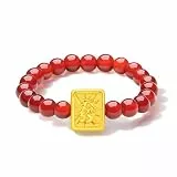ZHOU LIU FU 24K Gold Beaded Ringe Rot Achat Blessing Charm Stretch-Ringe Schmuck für Damen Mutter Tochter Geschenk Geburtstag Jahrestag Muttertag