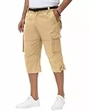 NANAMEEI Herren 3/4 Cargo Shorts Stretch Multi Taschen Radhose Wandern Baumwolle Shorts mit Gummibund,Khaki,L