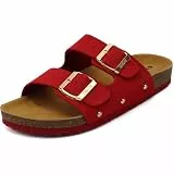 ONCAI Sandalen Damen Kork-Fußbett Pantoletten Damen Flach Rutschfest Sommer Badelatschen Mit Verstellbarer Rieme Rot Größe 40