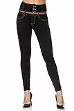 Elara Damen Jeans Skinny High Waist Hose mit Gürtel und Push Up Effekt Chunkyrayan BG822 Black-50 (4XL)