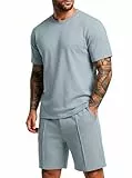 QIXING 2-Teiler Herren Sommer Outfit Kurz Trainingsanzug Hemd & Shorts Set Freizeitanzug mit Taschen Kurzarm(Blau, L)