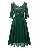 Dressystar Damen Glitzer Kleid Elegant Hochzeit Cocktailkleid mit Pailletten Chiffon Ärmel Festlich Abendkleid Knielang Dunkelgrün XL