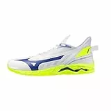 Mizuno Wave Mirage 5 Handballschuhe, weiß, blau, neongelb, leicht, mit dynamischer Dämpfung und Wave-Technologie, Weiß, 43 EU