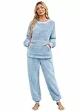 Niwicee Schlafanzug Damen Lang Winter Thermo Pyjama Set Fleece Hausanzug Kuschelig Warmer Flanell Pyjama Nachtwäsche Zweiteiler Flauschig Lounge Anzug mit Sweatshirt und Hose Polar PjS(Blau,XXL)