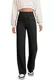 Glacspyg Weite Hose Damen Hohe Taille Sporthose Knopf Gerade Hosen mit Taschen Elastische Freizeithose Schwarz S