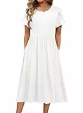 HOTOUCH Sommerkleid Damen Freizeit Kleider Einfarbig Rundhals Strandkleid Kurzarm Midi Kleid Lose A-Linie Kleider mit Tasche Weiß XL
