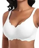 Ganado Damen Nahtloser BH Ohne Bügel Tiefem V-Ausschnitt gewellte Ränder Push Up BH Bralette Soft Bequem BHS Bügellos Bustier (Weiß-Doppel Vorderwelle, M)