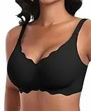 Ganado Damen Nahtloser BH Ohne Bügel Tiefem V-Ausschnitt gewellte Ränder Bequemer BH Bralette Soft BHS Bügellos Bustier Bra (Schwarz-Doppel Vorderwelle, XL)