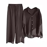 Damen Zweiteiler Elegant Musselin Bluse Hemd und Lang Leinen Hose Sets Clothes Aesthetic Zweiteiler Lounge Set Strand Outfit Sommer Set Two Piece Set Freizeit Loose Women Große Größe Hosenanzüge