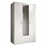 Stella Trading KARL Eleganter Kleiderschrank 3-türig mit viel Stauraum - Vielseitiger Drehtürenschrank in Weiß mit Spiegeltür - 120 x 195 x 55 cm (B/H/T)