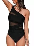 CUPSHE Damen Badeanzug One Shoulder Sheer Mesh Geraffte Bauchkontrolle Asymmetrische Einteilige Bademode Swimsuit Einfarbig Schwarz M