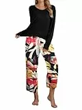 IFFEI Schlafanzug Damen Lang Zweiteiliger Pyjama Set Einfarbiger Rundhals Oberteil und 3/4 Lange Capri Hose Hausanzug Schwarz Small